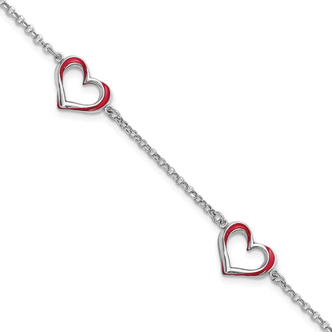 Sterling Silver Rhodium-plated Red Enamel 3-Heart w/.5 in Ext Bracelet-WBC-QG6213-6.5