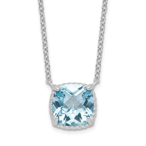 Sterling Silver Rhodium-plated Square Blue Topaz w/2 in ext. Necklace-WBC-QG6221BT-16