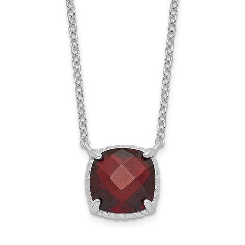 Sterling Silver Rhodium-plated Square Garnet w/2 in ext. Necklace-WBC-QG6221GA-16