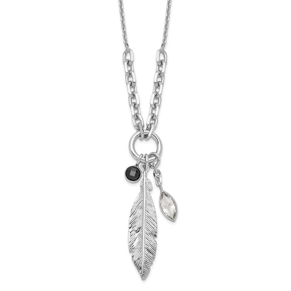 Sterling Silver Rhod-pl Feather and CZ w/1 in Ext Necklace-WBC-QG6229-16