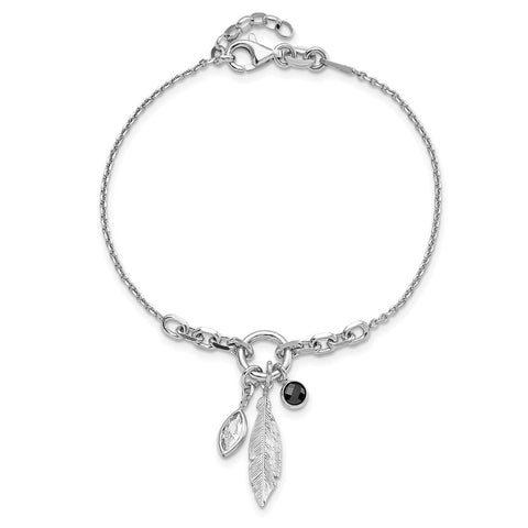 Sterling Silver Rhod-pl Feather and CZ w/.5 in Ext Bracelet-WBC-QG6229-6.5