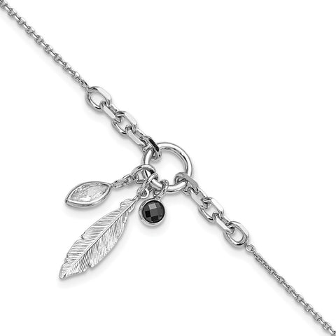 Sterling Silver Rhod-pl Feather and CZ w/.5 in Ext Bracelet-WBC-QG6229-6.5