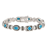 Sterling Silver Rhodium-plated Synth Turquoise and Marcasite Bracelet-WBC-QH1035-7