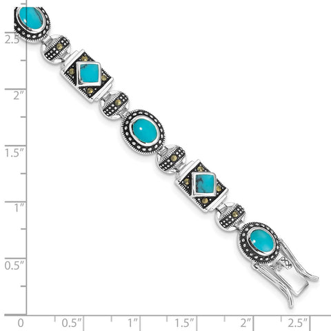 Sterling Silver Rhodium-plated Synth Turquoise and Marcasite Bracelet-WBC-QH1035-7