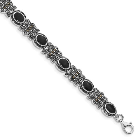 Sterling Silver Rhodium-plated Marcasite and Onyx Bracelet-WBC-QH1043-7.25