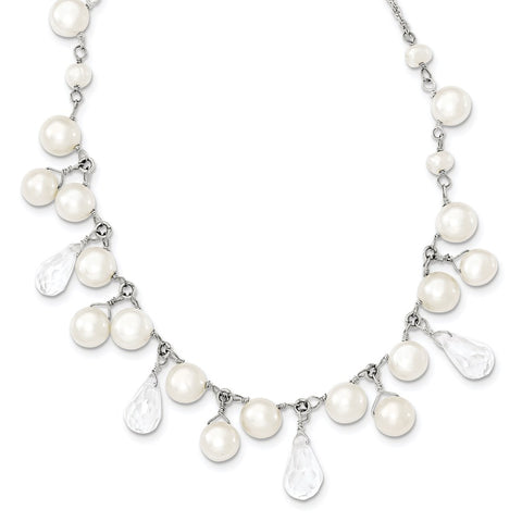 Sterling Silver FW Cultured Button Pearl/Crystal 16in Necklace-WBC-QH1855-16