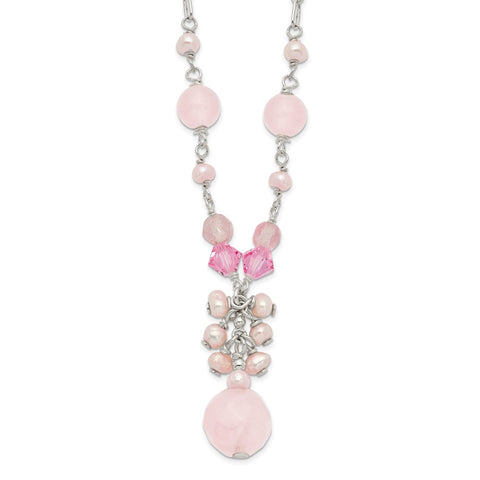 Sterling Silver Rose/Cherry Quartz/Pink Crystal/Pink FWC Pearl Necklace-WBC-QH2027-16