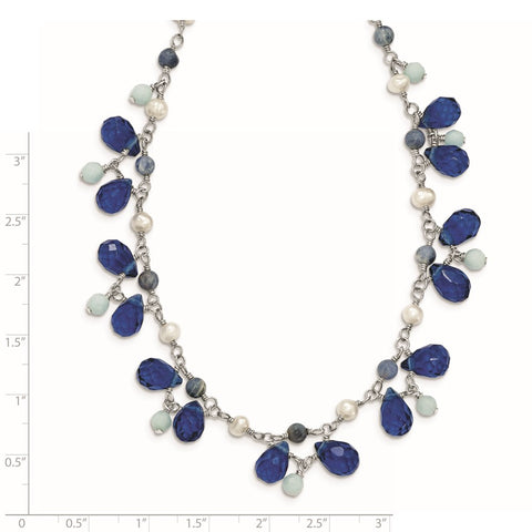 Sterling Silver Blue Crystal/Lapis/Amazonite/FW Cultured Pearl Neck-WBC-QH2342-16