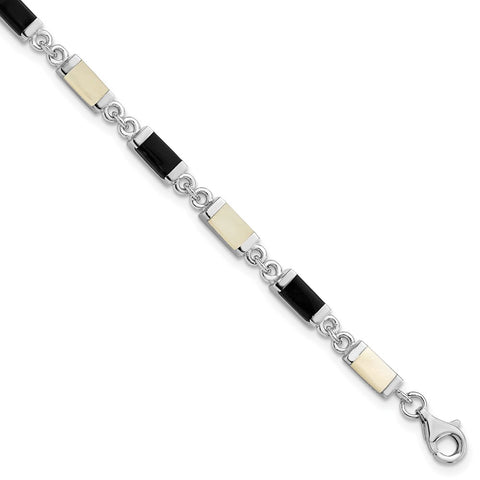 Sterling Silver 7inch Fancy Onyx and Mother Of Pearl Bracelet-WBC-QH382-7