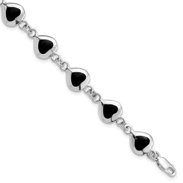 Sterling Silver 7inch Fancy Polished Heart Onyx Bracelet-WBC-QH387-7