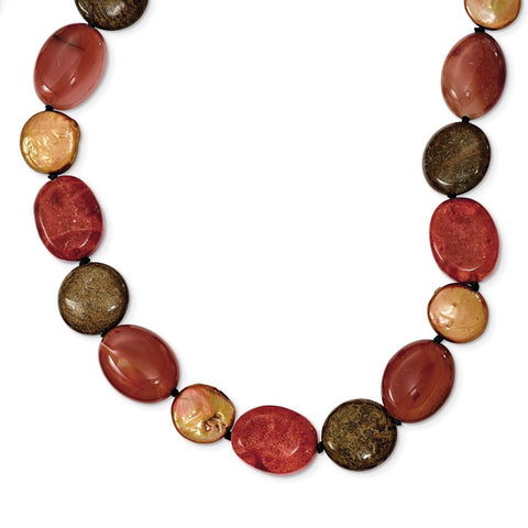 Sterling Silver Tiger Eyes/Carnelian/Reconst. Coral/FW Cult. Pearl Necklace-WBC-QH4554-18