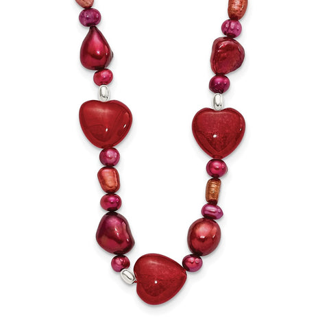 Sterling Silver Red Jade Hearts/FW Cultured Pearl Necklace-WBC-QH4558-17