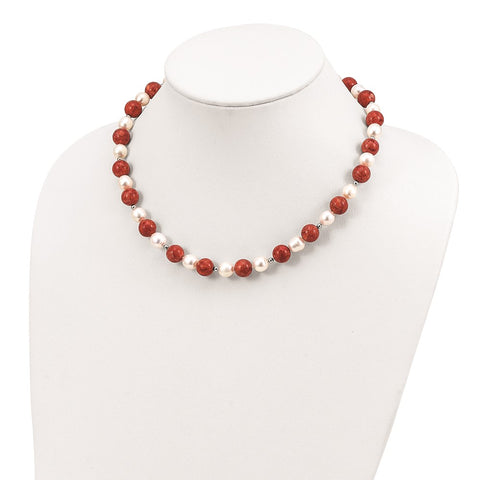 Sterling Silver FW Cultured Pearl/Stabilized Red Coral Necklace-WBC-QH4561-18