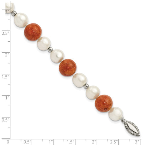 Sterling Silver FW Cultured Pearl/Stabilized Red Coral Bracelet-WBC-QH4561-7.5