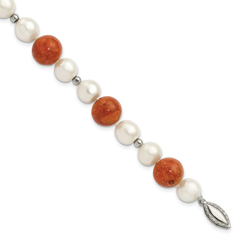 Sterling Silver FW Cultured Pearl/Stabilized Red Coral Bracelet-WBC-QH4561-7.5