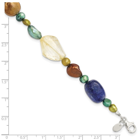 Sterling Silver Citrine/Lapis/Dyed Howlite/FW Cultured Pearl Bracelet-WBC-QH4580-7.5