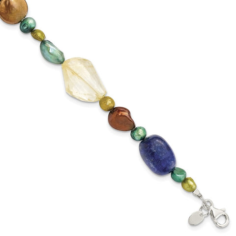 Sterling Silver Citrine/Lapis/Dyed Howlite/FW Cultured Pearl Bracelet-WBC-QH4580-7.5