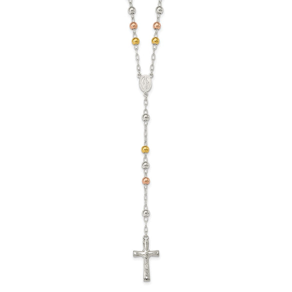 Sterling Silver Polished Rosary Tri-color Beads Necklace-WBC-QH4987