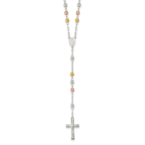 Sterling Silver Polished Rosary Tri-color Beads Necklace-WBC-QH4987