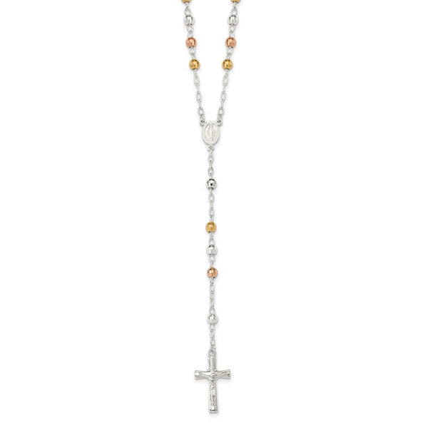 Sterling Silver Polished Rosary w/ Textured Tri-color Beads Necklace-WBC-QH4989