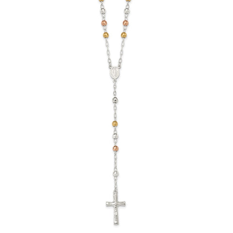 Sterling Silver Polished Rosary w/ Textured Tri-color Beads Necklace-WBC-QH4989