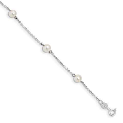 Sterling Silver RH-plated White Round FWC Pearl 5 station Bracelet-WBC-QH5013-7