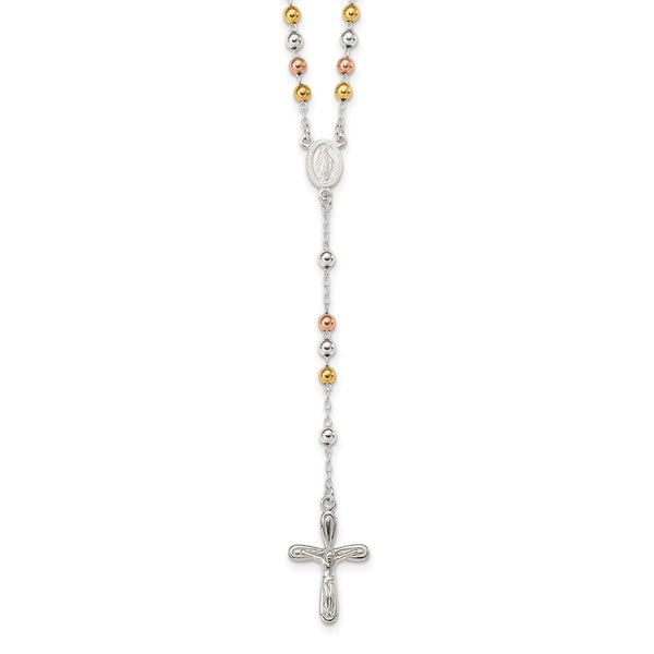 Sterling Silver Polished White, Rose and Yellow Rosary Necklace-WBC-QH5125-18