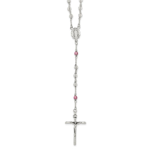 Sterling Silver Polished Crystal Rose Quartz Rosary Necklace-WBC-QH5132-21.5
