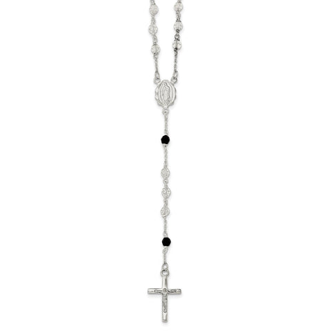 Sterling Silver Polished Black Crystal Rosary Necklace-WBC-QH5134-23.5