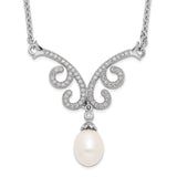 Sterling Silver RH 8-9mm White FWC Pearl CZ Fancy w/1in ext. Necklace-WBC-QH5206-16.5