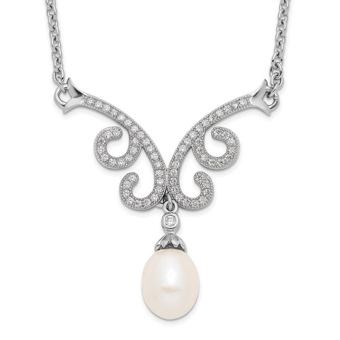 Sterling Silver RH 8-9mm White FWC Pearl CZ Fancy w/1in ext. Necklace-WBC-QH5206-16.5