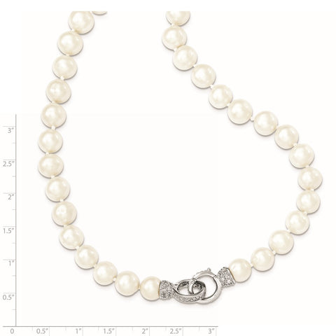 Sterling Silver RH 9-10mm White FWC Pearl CZ Clasp Adjust. Necklace-WBC-QH5216-18