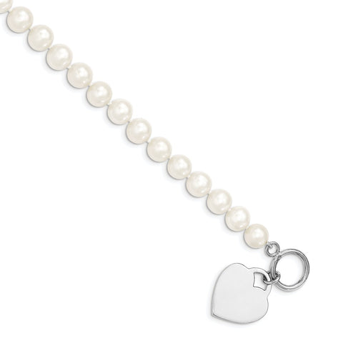Sterling Silver Rhodium 8-9mm White FWC Pearl Heart Toggle Bracelet-WBC-QH5217-7.5