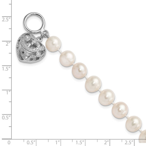 Sterling Silver Rhodium 8-9mm White FWC Pearl Heart Toggle Bracelet-WBC-QH5218-7.5