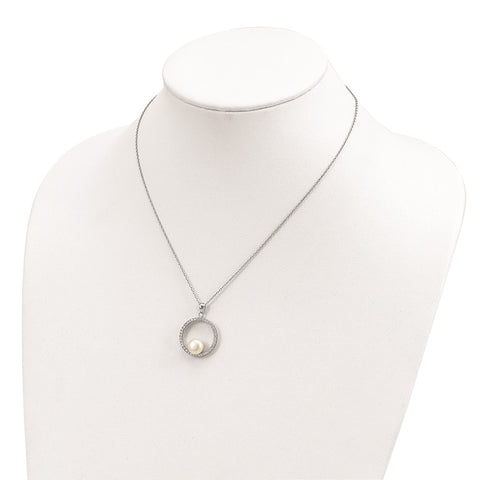 Sterling Silver Rhodium 8-9mm White FWC Pearl and CZ Necklace-WBC-QH5231-17