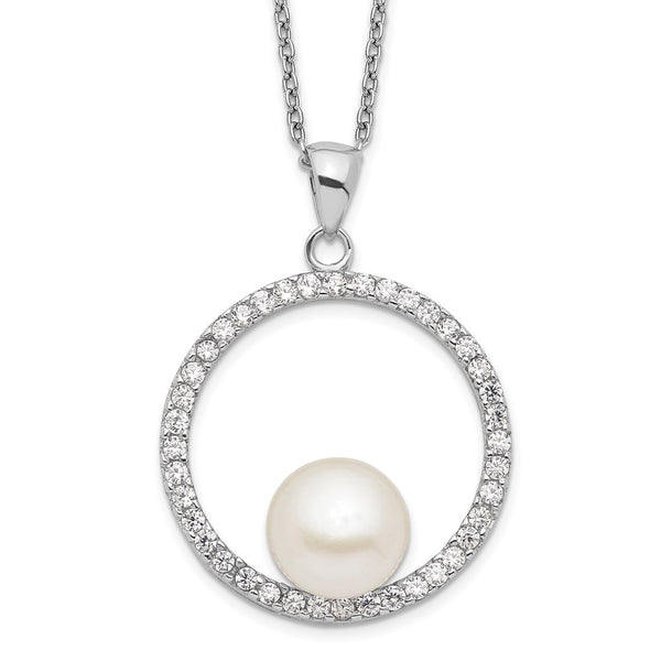 Sterling Silver Rhodium 8-9mm White FWC Pearl and CZ Necklace-WBC-QH5231-17