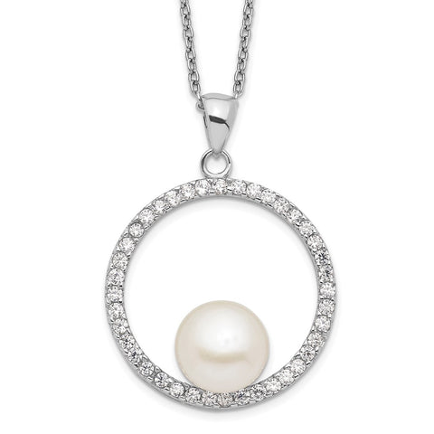 Sterling Silver Rhodium 8-9mm White FWC Pearl and CZ Necklace-WBC-QH5231-17