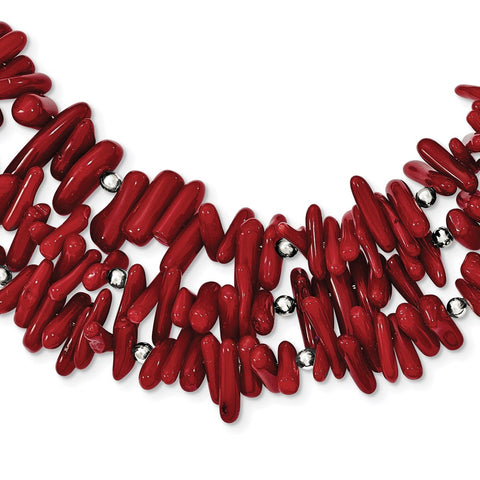 Sterling Silver Red Coral 3-Strand w/2in ext Necklace-WBC-QH5304-16.5