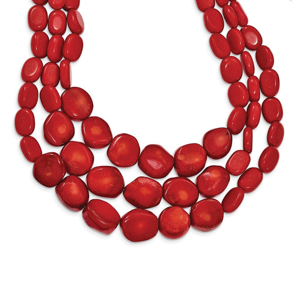 Sterling Silver Red Coral w/2in ext Triple Strand Necklace-WBC-QH5307-16