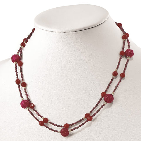SS Red Avent./Garnet/Red Jade/Red Quartz 2-Strand w/2in ext. Necklace-WBC-QH5339-18