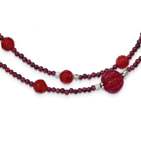 SS Red Avent./Garnet/Red Jade/Red Quartz 2-Strand w/2in ext. Necklace-WBC-QH5339-18