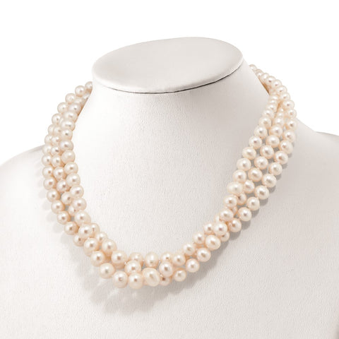 Sterling Silver RH 6-11mm White FWC Pearl 3-strand Grad Necklace-WBC-QH5364-18