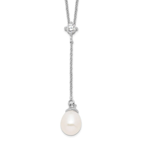 Sterling Silver RH 8-9mm White Rice FWC Pearl CZ Necklace-WBC-QH5389-18