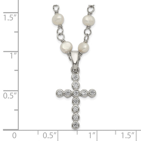 Sterling Silver RH 4-5mm White FWC Pearl CZ Cross Necklace-WBC-QH5392-21