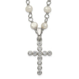 Sterling Silver RH 4-5mm White FWC Pearl CZ Cross Necklace-WBC-QH5392-21