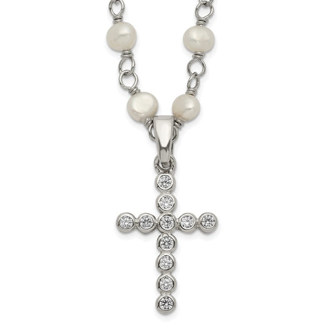 Sterling Silver RH 4-5mm White FWC Pearl CZ Cross Necklace-WBC-QH5392-21