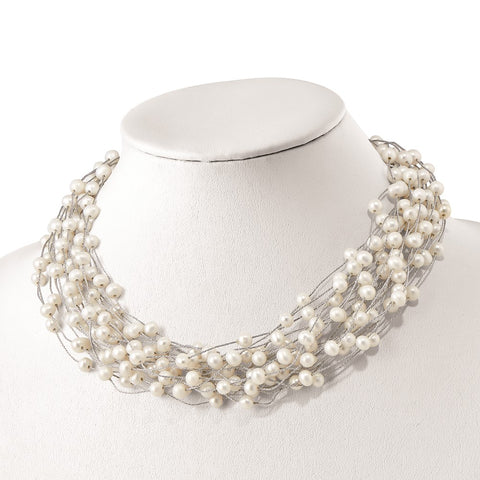 Sterling Silver RH 5.5-6.5mm White FWC Pearl Multi-strand Necklace-WBC-QH5409-17.5