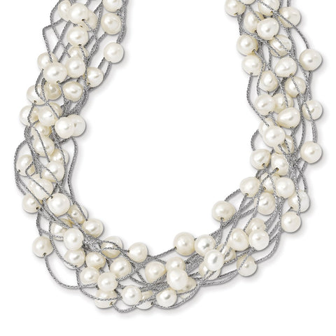 Sterling Silver RH 6-8mm White FWC Pearl Multi-strand Necklace-WBC-QH5410-15