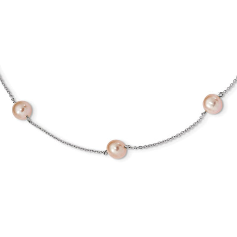 Sterling Silver RH 7-8mm Pink Round FWC Pearl 9 Station Necklace-WBC-QH5418-18