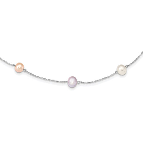 Sterling Silver RH 7-8mm Multi-color FWC Pearl 9 Station Necklace-WBC-QH5419-18
